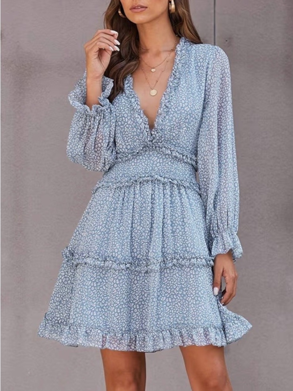 Light Blue Floral V-Neck Tiered Dress